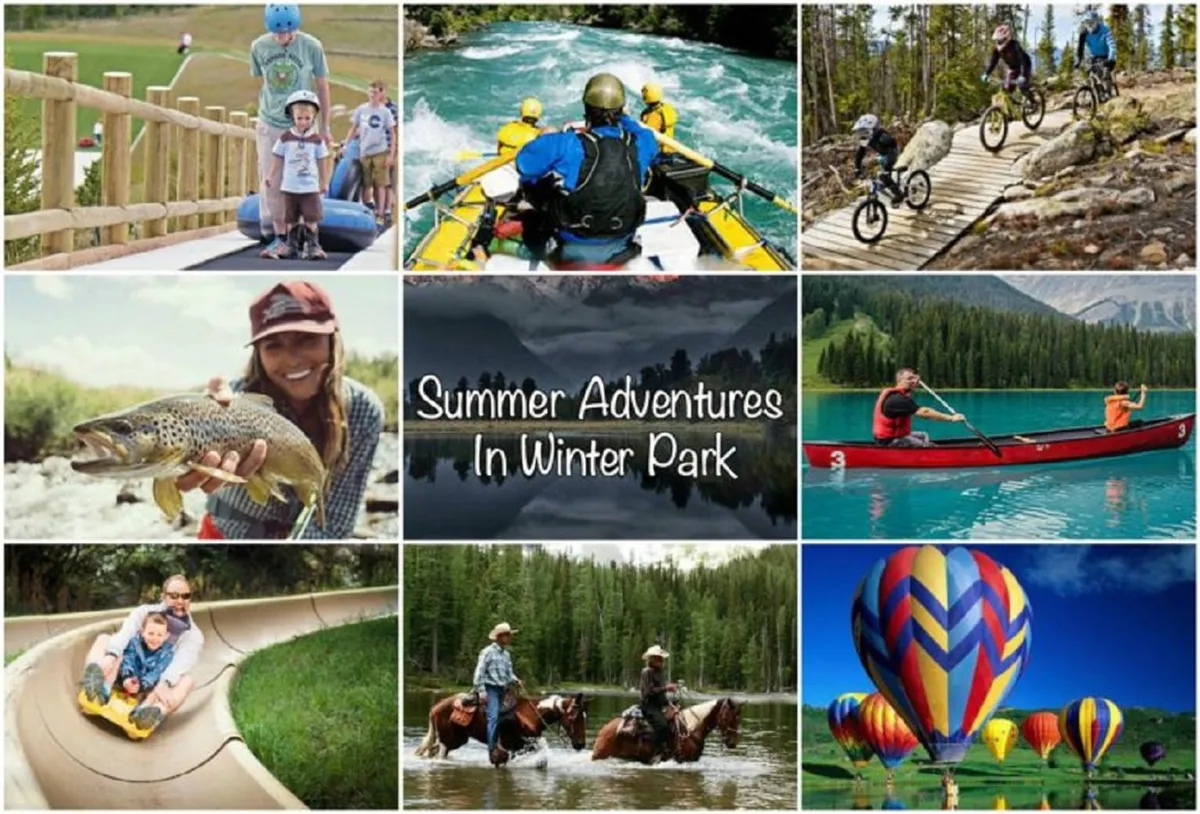 A vibrant outdoor scene packed with families engaging in a variety of mountain activities. The image shows colorful hot air balloons rising over a scenic river with kayakers, families rafting, children playing on a slide, and bikers exploring trails, all set against a breathtaking mountain backdrop.