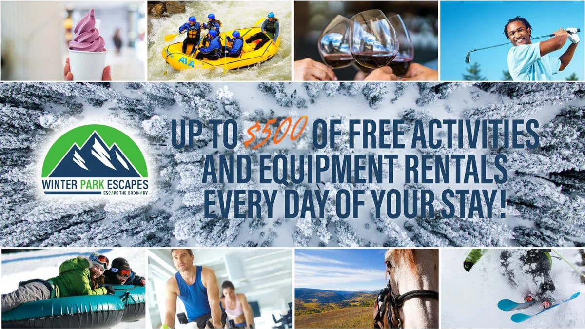 A collage-style interior scene combining images of guests enjoying outdoor adventures like white-water rafting and skiing with moments of relaxation and gourmet dining indoors. The composition includes vibrant snapshots of activities as well as serene settings, reinforcing a sense of adventure paired with home comforts.