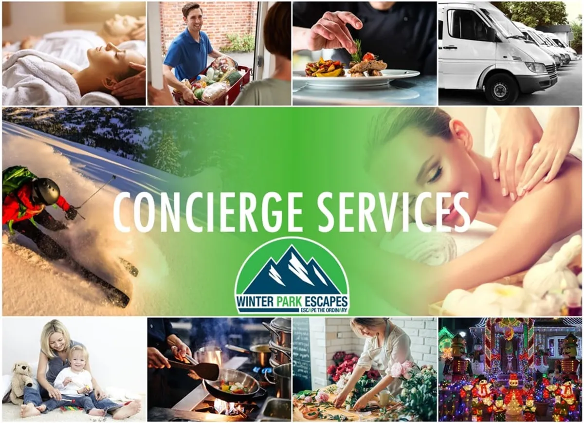 A visually engaging collage featuring text about concierge services alongside images of ski outings, spa treatments, chef-prepared meals, family fun, and food delivery, all set within a luxurious context.