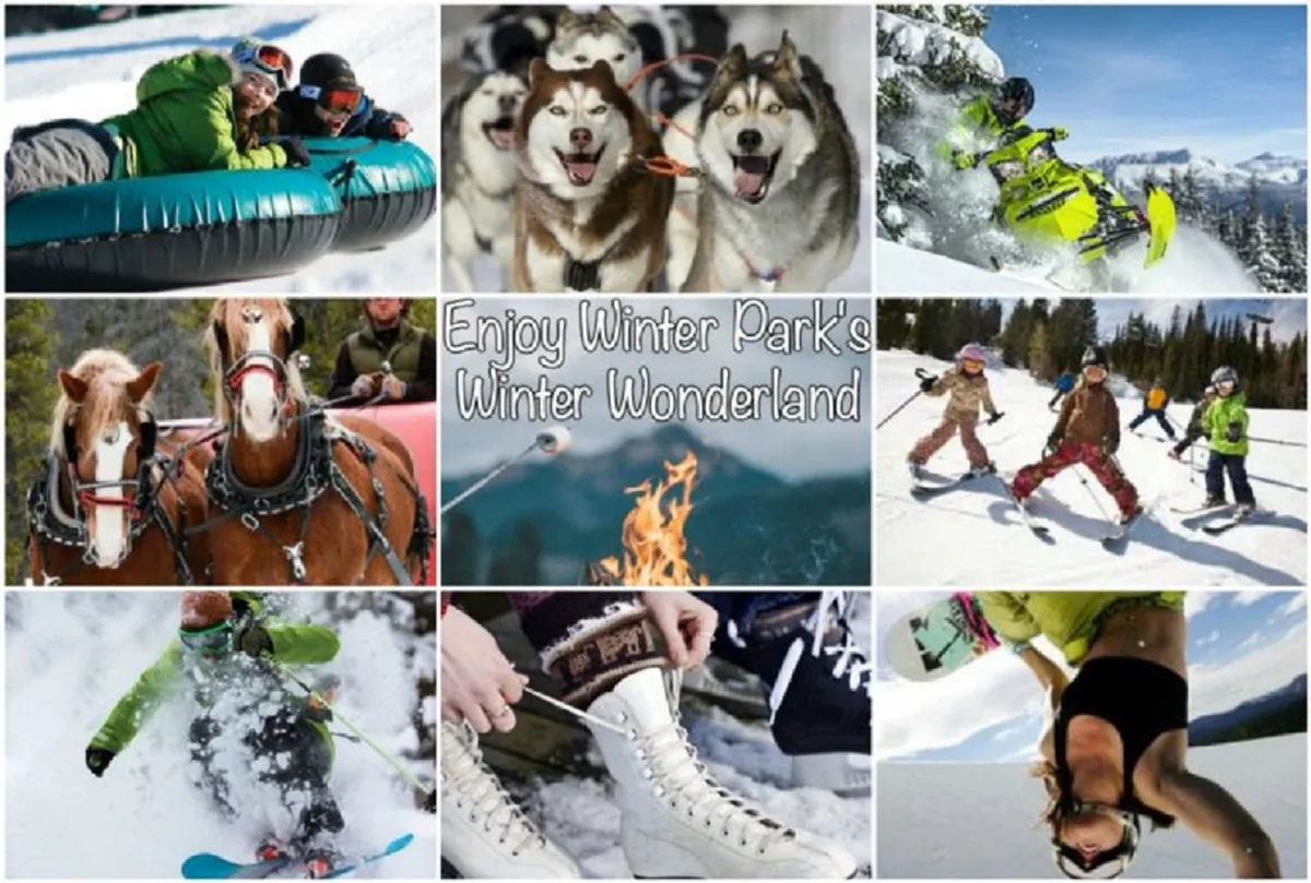 An energetic winter scene featuring people snow tubing, husky sled dogs pulling sleds, a snowmobile in action, children skiing, a cozy fire pit, and a cluster of ice skates laid out. The landscape is blanketed in snow, creating a festive mountain atmosphere.